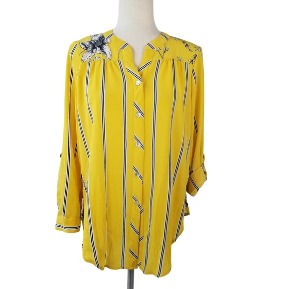 Fig and Flower Yellow Blue White Floral Striped Button Front Top Size Medium P - Picture 1 of 3